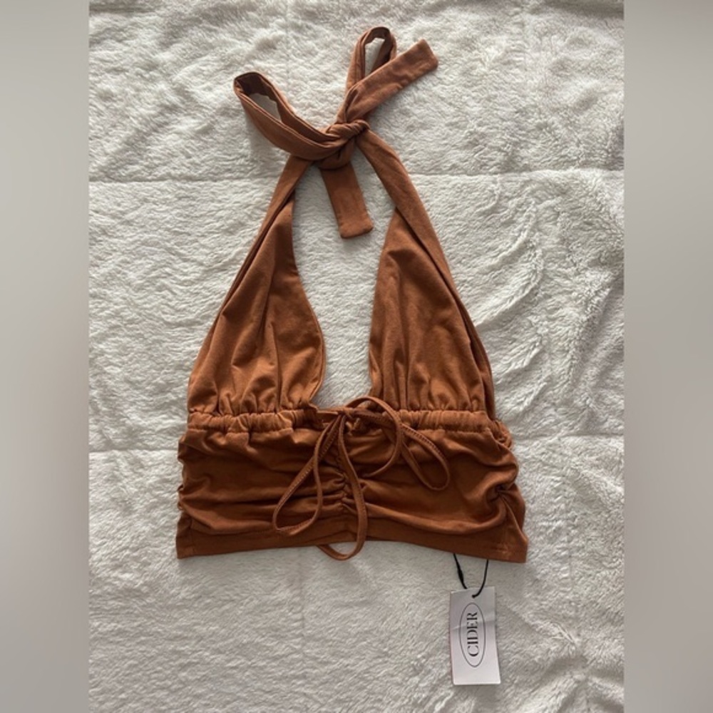 Women’s Brown Cropped Tie Halter Top With Scrunched Front & Adjustable Strings